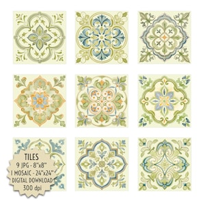 Peut inclure: Neuf carreaux décoratifs avec des motifs floraux dans des tons de vert, de bleu et d'orange sur un fond crème. Les carreaux mesurent 20,3 cm x 20,3 cm et font partie d'une mosaïque numérique de 61 cm x 61 cm. Le texte "TILES, 9 JPG - 8"x8", 1 MOSAIC - 24"x24", DIGITAL DOWNLOAD, 300 dpi" est inclus.