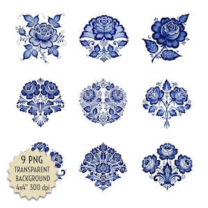 May include: Nine blue and white floral designs in a classic porcelain style. Each design features roses and leaves, with intricate details. The designs are arranged on a white background, with a transparent background label.
