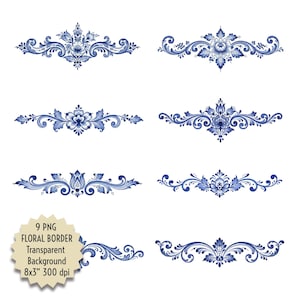 Könnte beinhalten: Neun blau-weiße florale Bordürendesigns. Jedes Design weist komplizierte Blumen- und Scrollmuster auf. Die Designs sind auf weißem Hintergrund angeordnet. Das Bild enthält den Text "9 PNG Floral Border Transparent Background 8x3" 300 dpi."