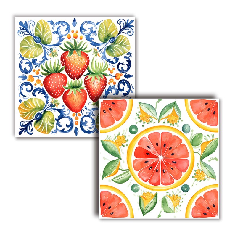 Fruit Illustration Tiles, Watercolor in Blue Green Red Orange Yellow ...