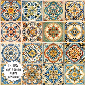 Vintage tegels antieke vierkante sticker Spanje mediterraan mozaïek bloemenpatroon clipart afdrukbare Azulejo digitaal ontwerp afbeelding downloaden JPG