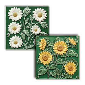 2 floral tile images, glazed ceramic texture, on a green background