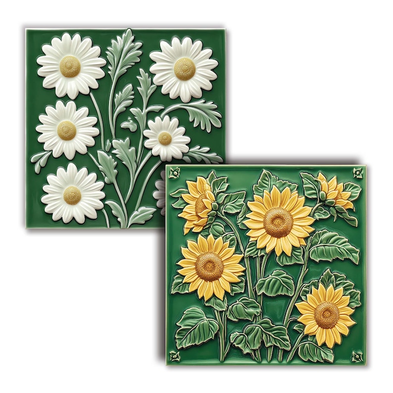 2 floral tile images, glazed ceramic texture, on a green background