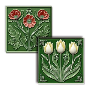 2 floral tile images, glazed ceramic texture, on a green background