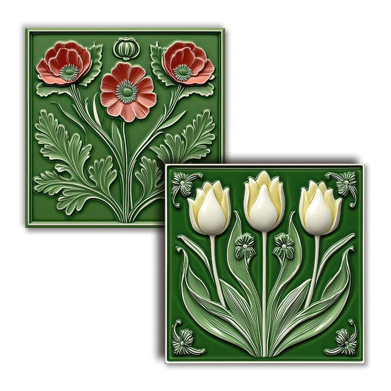 2 floral tile images, glazed ceramic texture, on a green background