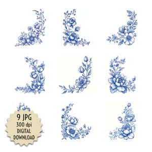 Ensemble d'angle bordure florale, 9 images JPG, dessin botanique bleu, clipart cadre fleur vintage, art numérique pour travaux manuels, téléchargement immédiat, impression