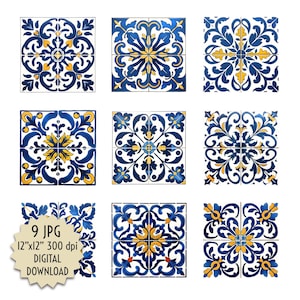 Set di 9 piastrelle in ceramica dipinta blu giallo bianco per mobili cortili fontane tavoli controsoffitti caminetti download digitale JPG 12x12" in