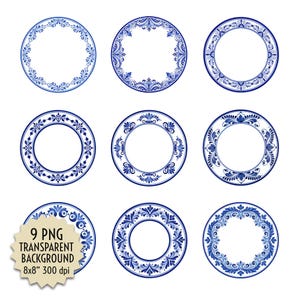 Puede incluir: Nueve platos decorativos azules y blancos con intrincados diseños florales y de volutas. Cada plato presenta un patrón diferente, con un centro blanco y un borde detallado. Los platos están dispuestos sobre un fondo blanco. La imagen incluye el texto "9 PNG TRANSPARENT BACKGROUND 8x8" 300 dpi".