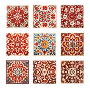 May include: Nine square tiles featuring elaborate floral designs in shades of red, blue, yellow, and white. The tiles have a vintage aesthetic and are ideal for adding a touch of traditional design to any space.