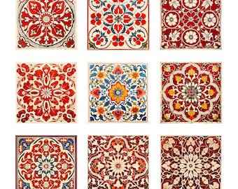 Vintage Red Tile Clipart: Set of 9 Spanish-Style Tiles, Decoration, and Design. Printable Digital Download. 9 JPG Files, 8”x8”, 300 dpi