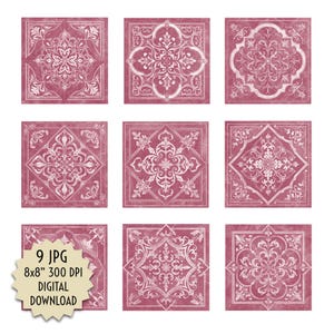 以下が含まれることがあります： ヴィンテージデザインの正方形デジタルダウンロード9点。各タイルは、白のフローラルパターンが入ったバーガンディ色の背景です。画像には「9 JPG 8x8」300 DPI DIGITAL DOWNLOAD」というテキストが含まれています。