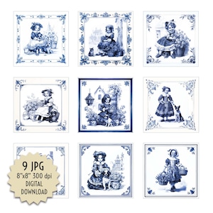 以下が含まれることがあります： 9つの青と白のデジタルダウンロード画像。各正方形の画像には、犬または猫、花、建築要素を持つ女の子が描かれています。画像は装飾的なボーダーで縁取られています。「9 JPG 8"x8" 300 dpi DIGITAL DOWNLOAD」というテキストも含まれています。