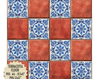 Terracotta Floor with Blue and White Tiles, 1:12 Dollhouse Miniature, PDF A4 and 8.5x11&quot;, PNG 12x12&quot;, Printable, Instant Digital Download