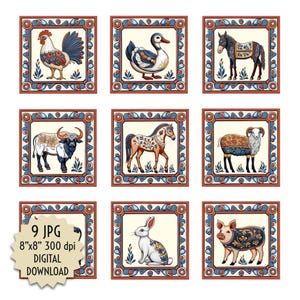 Tierfliesen, Bauernhaus-Druck-Mosaik, für Backsplash, Küche, Wanddekoration, digitale Aufkleber, Clipart-Designs zum Übertragen, Dateien zum Basteln