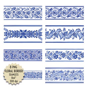 Cobalt Blue White Floral Border Clipart, Seamless Delft Folk Art PNG Bundle, Decorative Digital Trim, Gzhel Style Pattern, Instant Download