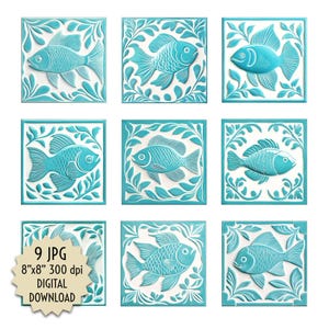 Puede incluir: Nueve imágenes digitales imprimibles de azulejos de peces azules y blancos. Cada azulejo presenta un pez estilizado con un borde de hojas. Los azulejos miden 8 pulgadas por 8 pulgadas y 300 dpi.