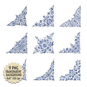 May include: Nine blue and white floral corner designs on a white background. Each corner features a unique arrangement of flowers, leaves, and swirls. The image includes a tag that says "9 PNG TRANSPARENT BACKGROUND 8x8" 300 dpi."