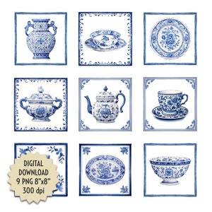 Puede incluir: Nueve ilustraciones digitales de tazas de té, teteras, cuencos y platos de porcelana azul y blanca. Las ilustraciones son de estilo vintage y son perfectas para proyectos de artesanía.