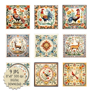 Tier Fisch Vogel Löwe Tile Floral Antik Classic Mosaik Druckbare Digital Download Datei 8 x 8 Zoll Dekorative Haus Küche Beige Braun Creme