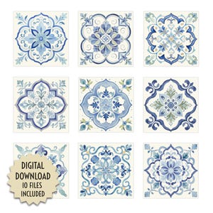 May include: Nine square tiles with intricate blue floral designs on a cream background. The tiles feature various patterns of flowers and leaves in shades of blue, with some green accents. The text "DIGITAL DOWNLOAD 10 FILES INCLUDED" is on a tan starburst.