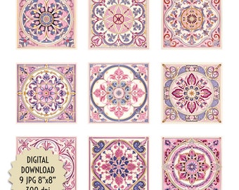 Pink Vintage Antique Spanish-Style Geometric Floral Tiles Decorative Kitchen Fireplace Mosaics Image Digital Design Print Download JPG 8x8