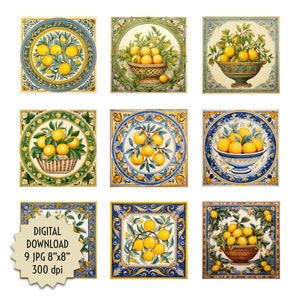 Limão Antigo Clássico Vintage Azulejos Velhos Folhas Enfeites Motivos Florais Mosaico Design Digital Clipart Decoração de Cerâmica Cozinha Cottagecore