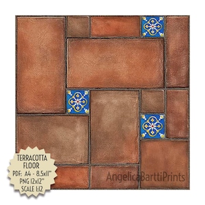 Puede incluir: Diseño de suelo de terracota con baldosas rectangulares y cuadradas en tonos marrones y beige. Azulejos azules decorativos con un patrón floral están intercalados en el diseño. El texto "TERRACOTTA FLOOR" es visible.