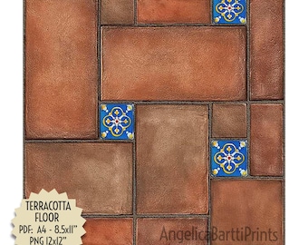 Terracotta Dollhouse Floor 1:12 Scale, Seamless Tile Pattern PNG 12x12in, PDF A4 US Letter, Realistic Digital Paper, Print, Instant Download