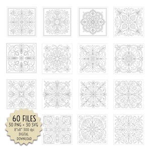 May include: Set of 60 black and white digital tile designs. The designs feature intricate floral patterns. The tiles are 8 inches by 8 inches and 300 dpi.
