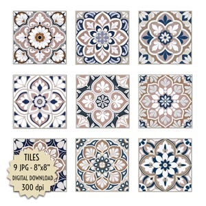 May include: Nine square tiles featuring intricate floral mandala patterns in shades of navy blue, beige, and white. A star-shaped label on the bottom left displays the text: TILES 9 JPG - 8"x8" DIGITAL DOWNLOAD 300 dpi.