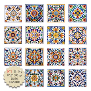 Zestaw płytek w stylu meksykańskim, kolorowe, kliparty. Dekoracja DIY, rękodzieło, mozaika kuchenna, projekt cyfrowy, 8x8 cali. Pobierz obraz do druku, ceramika.