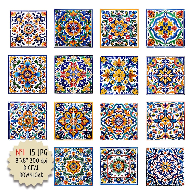 Bundle Mexican Style Tiles Colorful Clipart. Decoration DIY Crafts Kitchen Mosaic Digital Design ...