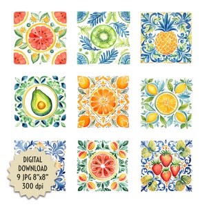 Piastrelle con illustrazione di frutta, acquerello in mosaico da cucina blu verde rosso arancione giallo, alzatina, artigianato fai da te, progettazione digitale, download istantaneo