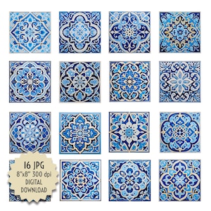 May include: Set of 16 digital images of blue and gold patterned tiles. Each tile is 8 inches by 8 inches and 300 dpi.