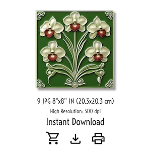 Floral tile image, glazed ceramic texture, on a green background. 9 JPG, 8”x8” in (20.3x20.3 cm), High Resolution: 300 dpi, Instant Download