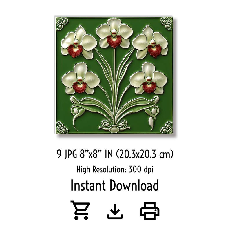Floral tile image, glazed ceramic texture, on a green background. 9 JPG, 8”x8” in (20.3x20.3 cm), High Resolution: 300 dpi, Instant Download