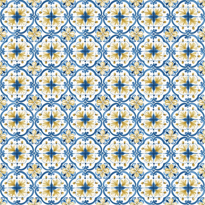 Ochre Pattern Design 9 Seamless Pattern Blue and Ochre Tiles Digital Design Hand-painted ...