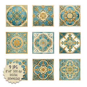 Puede incluir: Nueve imágenes digitales descargables de azulejos decorativos azules y dorados de 20,32 x 20,32 cm, 300 dpi, con intrincados patrones florales.