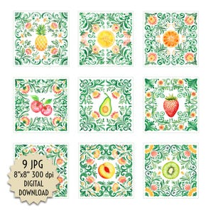 Carreaux de fruits, clipart aquarelle, agrumes peints à la main, bordure florale verte, art de cuisine tropical, dosseret de style mexicain, téléchargement immédiat
