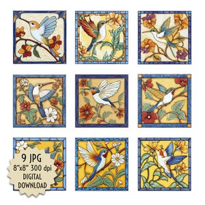 Juego de mosaicos de colibríes, imágenes de mosaicos de pájaros antiguos, arte floral azul y amarillo, diseño digital para decoración de paredes, manualidades, 8 x 8 pulgadas, descarga e impresión