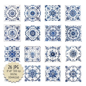 26 azulejos antiguos de porcelana azul y blanca pintados a mano para decorar paredes, cocinas, baños, chimeneas, mosaicos, diseño digital, descarga instantánea de cerámica.