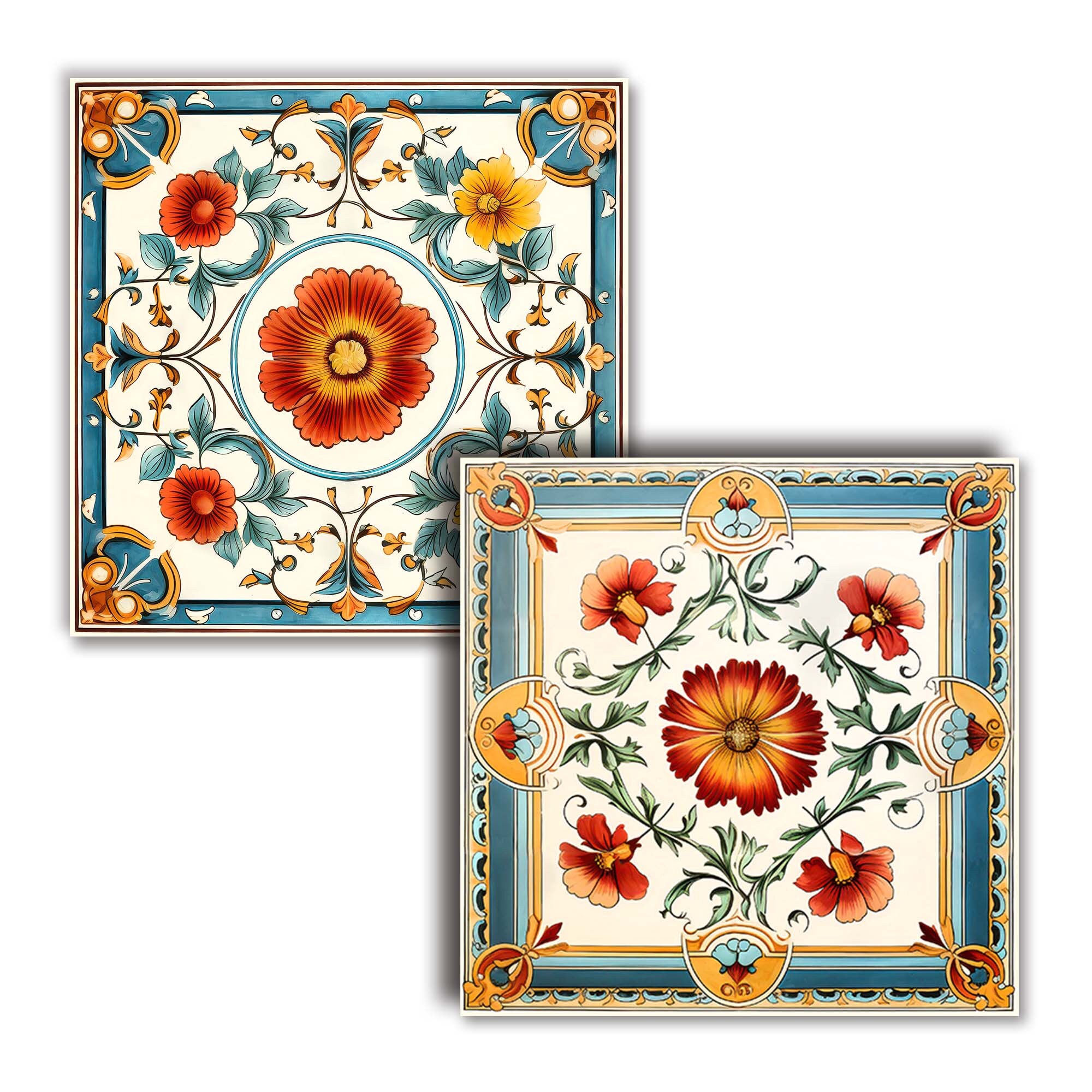 Vintage Tiles Classic Design Red Yellow Flowers Beige Background Green ...