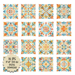 Aquareltegels, oranje, rood, blauw. Mozaïek. Voor wanddecoratie, inpakpapier, kussens en stoffen. Afbeeldingen digitaal ontwerp direct downloaden