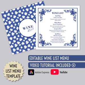 May include: A square wine list menu template featuring a blue and white grape leaf pattern. The design includes a circular WINE LIST label and a white card with blue floral corners, listing sparkling, white, and red wine selections with descriptions.