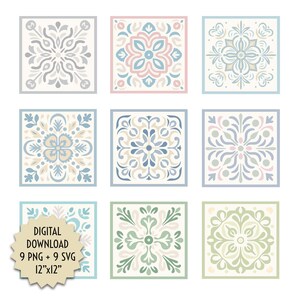 May include: Nine digital tile designs in a variety of pastel colors with intricate floral patterns. The tiles are 12 inches by 12 inches and are available as PNG and SVG files.