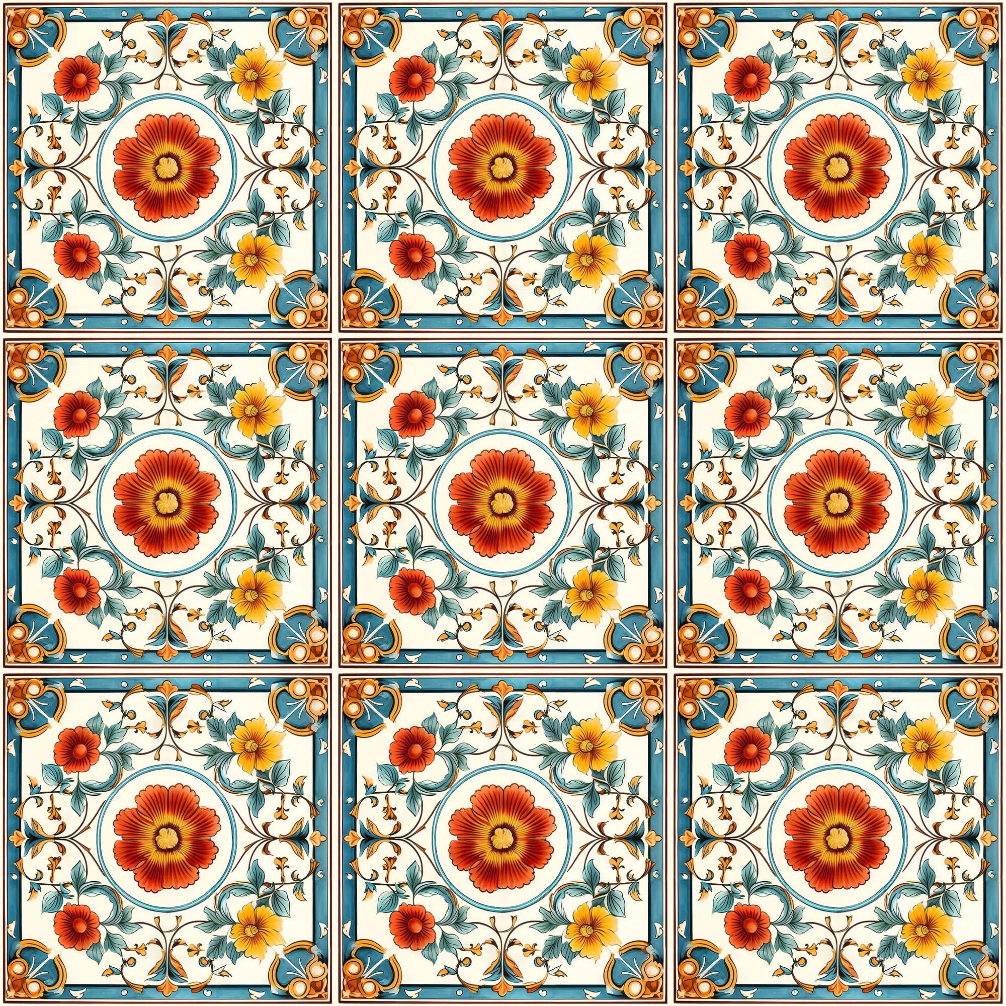 Vintage Tiles Classic Design Red Yellow Flowers Beige Background Green ...