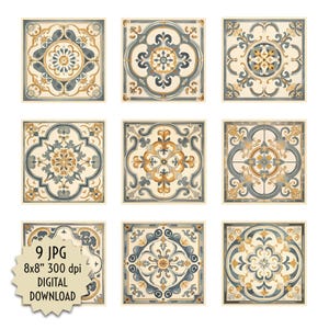 May include: Nine square digital download images featuring ornate tile designs. Each tile has a cream background with a repeating pattern in shades of blue, gold, and grey. The text "9 JPG 8x8" 300 dpi DIGITAL DOWNLOAD" is visible.