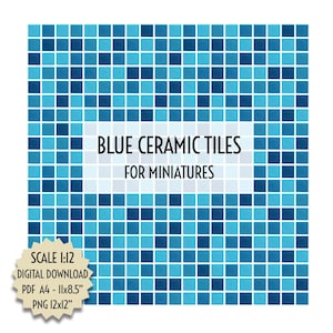 Può includere: Download digitale di un motivo a piastrelle di ceramica blu per miniature. Il design presenta un mosaico di quadrati blu in varie tonalità. Il testo "BLUE CERAMIC TILES FOR MINIATURES" e "SCALE 1:12" è incluso. Disponibile in PDF A4 e PNG.
