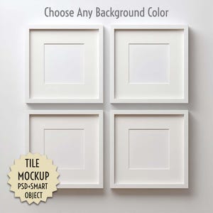 Maqueta de cuadrícula con 4 marcos cuadrados para mosaicos o arte, color de fondo editable, un archivo PSD con 4 objetos inteligentes para Photopea y Photoshop