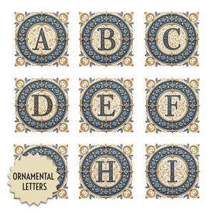 May include: Nine ornamental letter tiles, each featuring a different letter from A to I. The letters are in a dark color, set against a cream background with floral and scroll designs, framed by blue and gold borders.